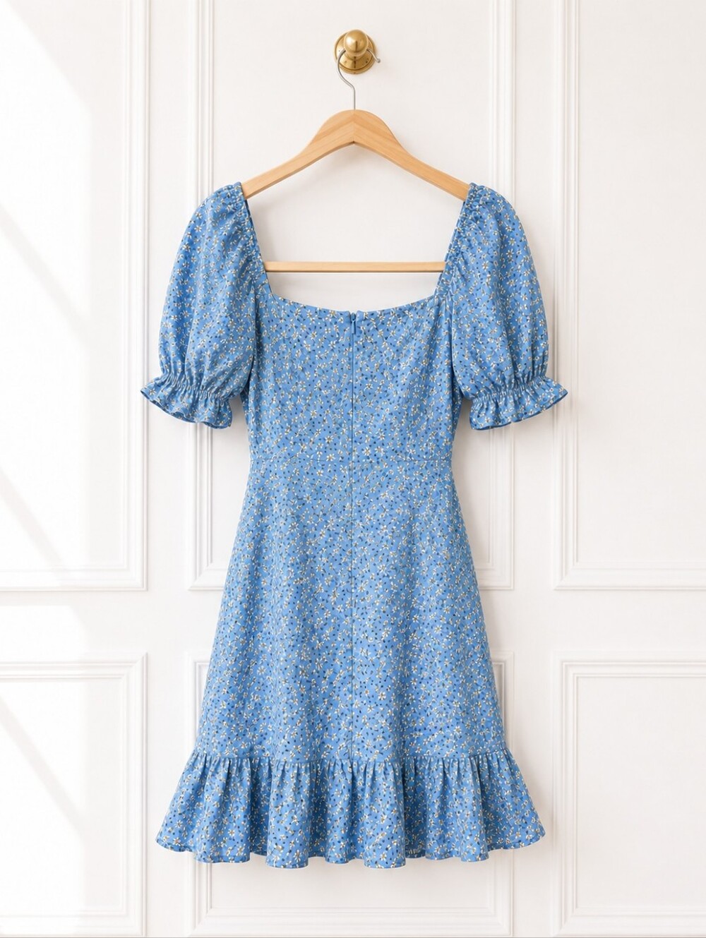 Blue Floral Wrap Dress Size S | Ruffle Hem Puff Sleeve Cottagecore Feminine - Picture 6 of 8
